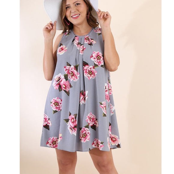 Umgee Dresses & Skirts - Umgee Gray Pink Floral Boho Swing Tunic Dress